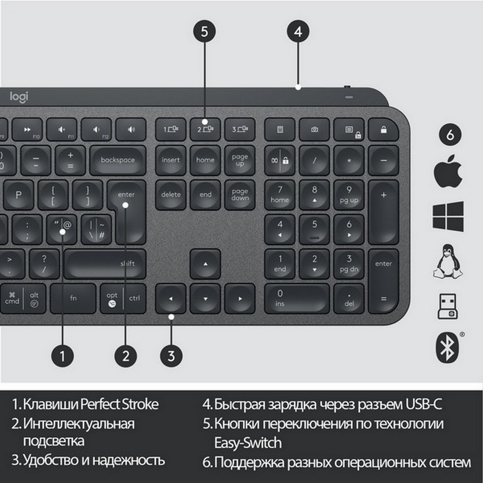 ᐈ Клавиатура Logitech MX Keys, Graphite, USB – купить в интернет-магазине  Белый Ветер в Алматы, Астане и других городах Казахстана