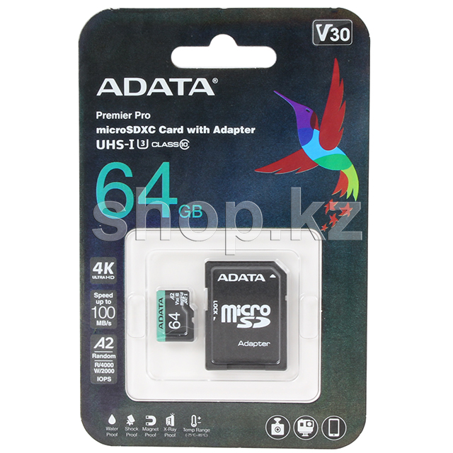 Карта памяти Micro SDXC 64Gb ADATA Premier Pro, Class 10 UHS-I U3, адаптер