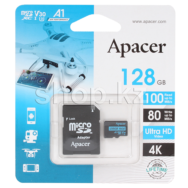 Карта памяти Micro SDXC 128Gb Apacer, Class 10 UHS-I U3, адаптер