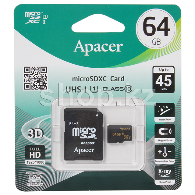 Карта памяти Micro SDXC 64Gb Apacer, Class 10 UHS-I U1, адаптер (AP64GMCSX10U1-R)