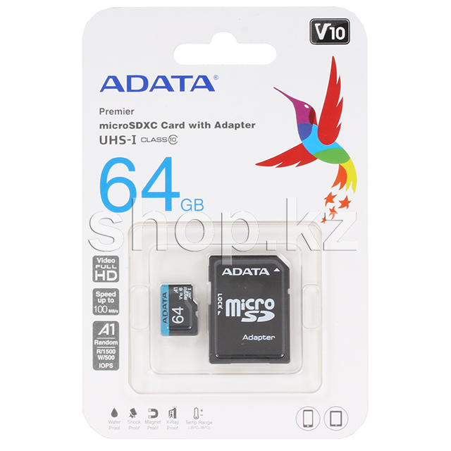 Карта памяти Micro SDXC 64Gb ADATA Premier, Class 10 UНS-I U1, адаптер